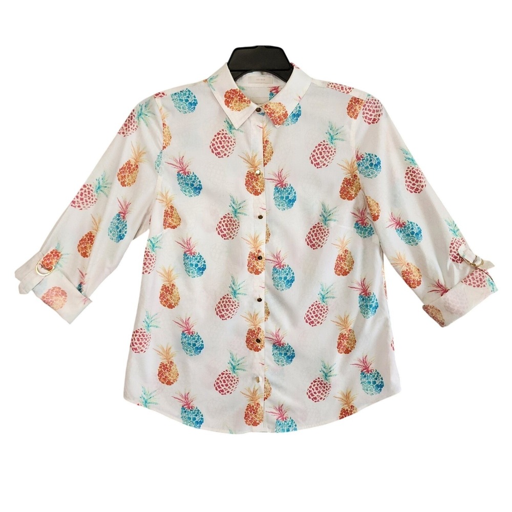 Chicos No Iron Pineapple Print Button Down Shirt White Multi Color Size 0 Small